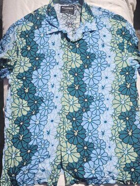 Playboy Floral Button Up Shirt Size L Blue Green All Over Print Hidden Bunny Log